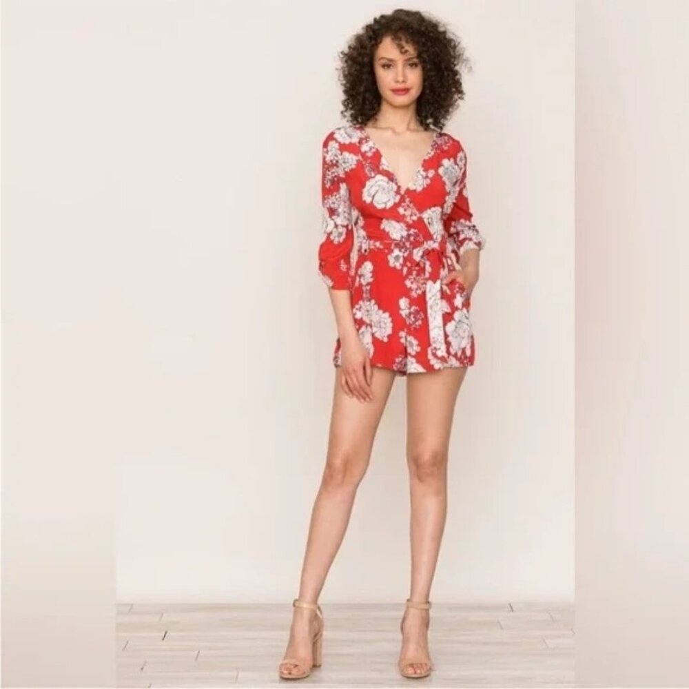 YUMI KIM 100% Silk Floral Liz Romper in Sweet Jasmine Red w/Pockets ~ Size M